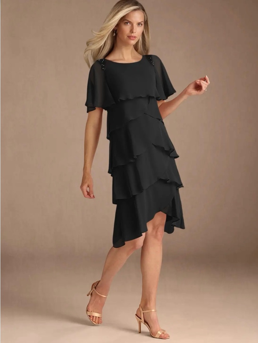 Azazie Black Tiered Ruffle Midi Dress with Beaded Shoulders